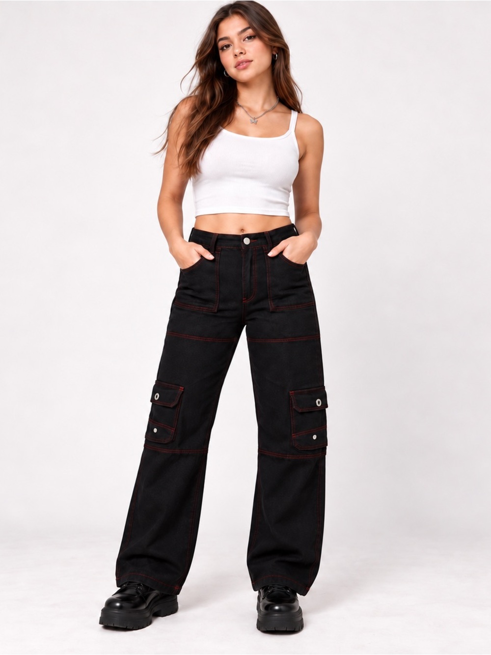 Hot Topic Black Red Stitch Cargo Carpenter Wide Leg Pants Chain Size 28
